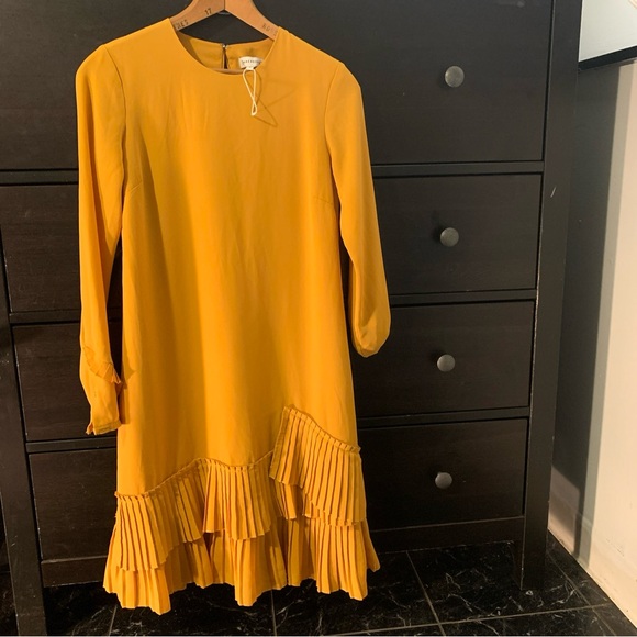 Warehouse mustard yellow shift pleated hem dress UK size 6. US 2. SKU I6 - Picture 1 of 14
